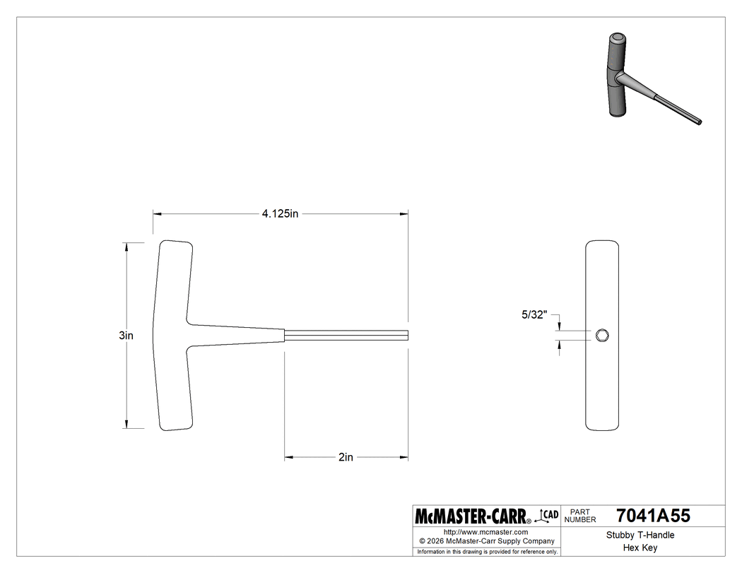 Technical Drawing of Stubby T-Handle Hex Key, 5/32" Drive Size, 4-1/8" Overall Length.